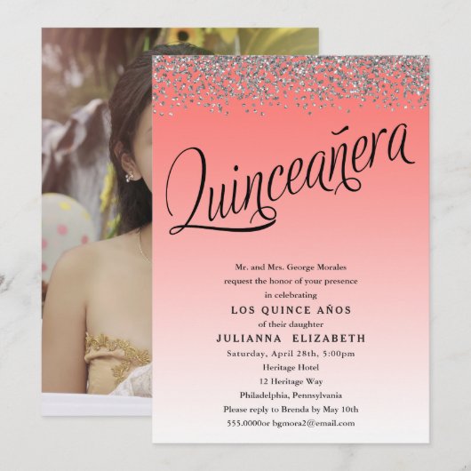 Corail et argent Quinceanera Photo Invitation (Devant / Derrière)