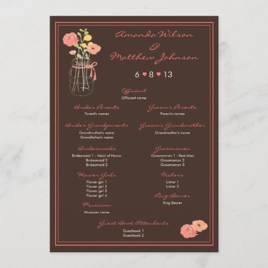 Corail et Brown Mason Jar Wedding Programme de mar (Devant)