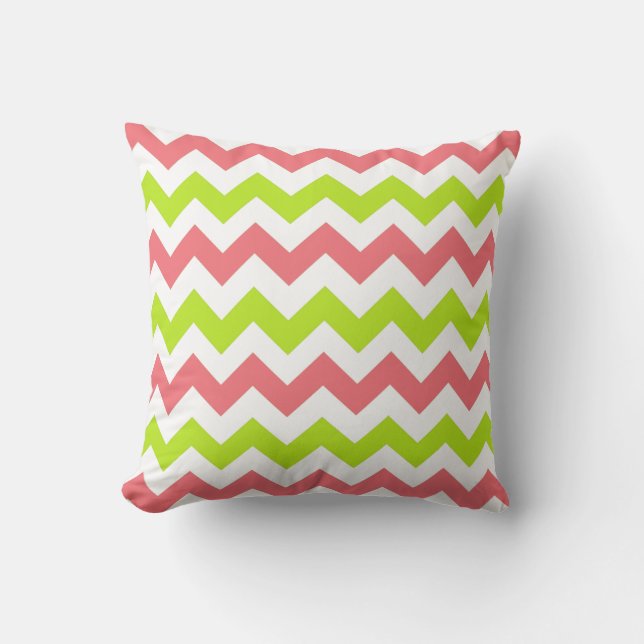 Corail et Chartreuse Chevron Zig Zag Coussin (Recto)