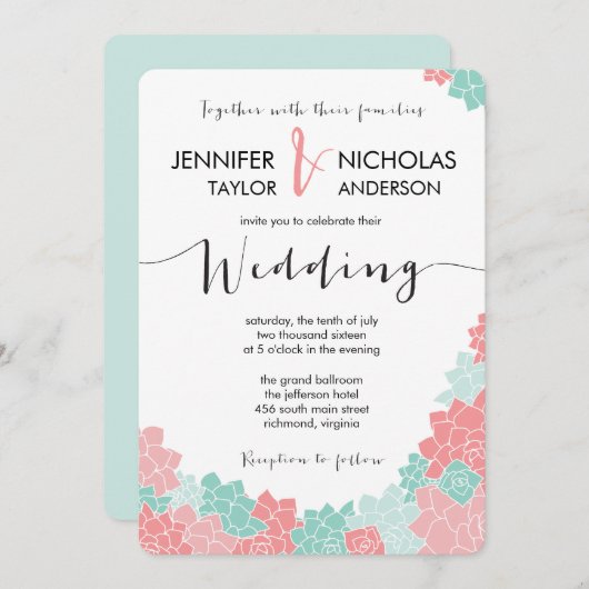 Corail et Faire-part de mariage à la menthe (Devant / Derrière)