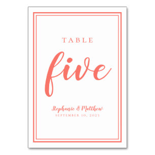 Corail et Mariage blanc Numéro de table simple Cin