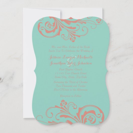 Corail et Mint Floral Chic Faire-part de mariage (Devant)