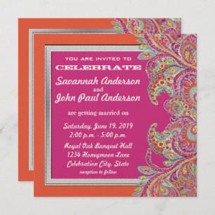 Corail et rose Paisley Peacock Invitations de mari