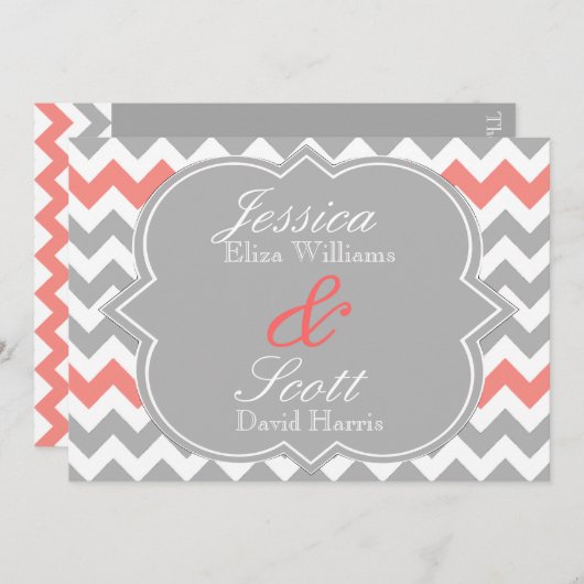 Corail gris Chevron Faire-part de mariage (Devant / Derrière)