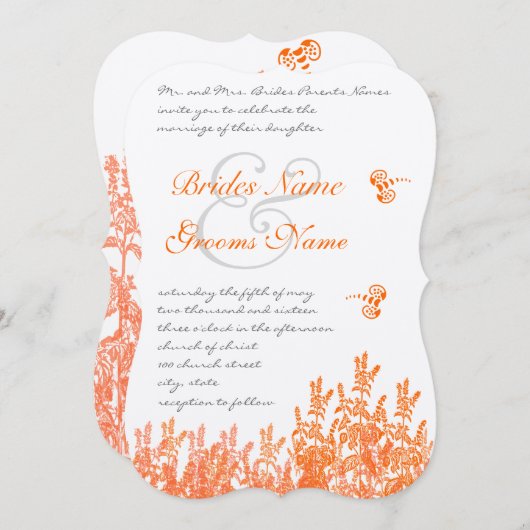 Corail & Gris Fleur Papillon Mariage Invitations (Devant / Derrière)