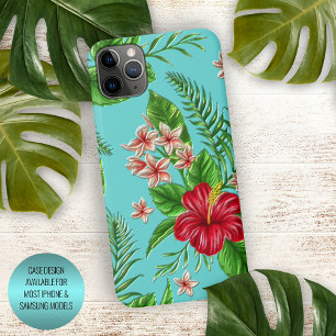 Corail Rouge Rose Floral Sur Turquoise Bleu Aqua