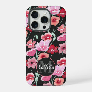 Corail Rouge Rose Noir Fleurs Monogramme Aquarelle