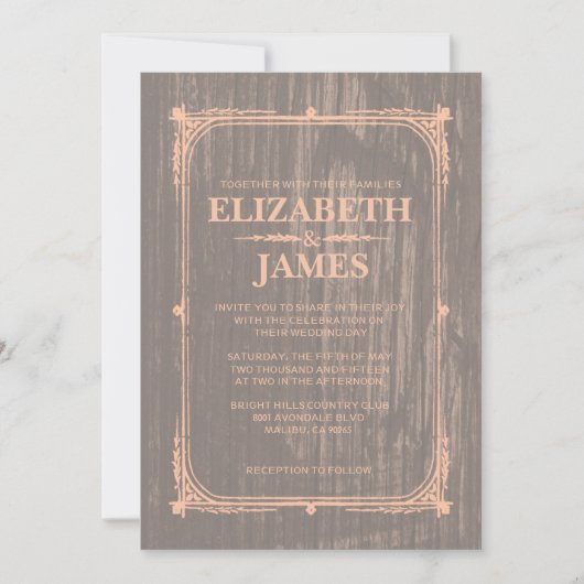 Corail Rustic Barn Invitations de mariage en bois (Devant)