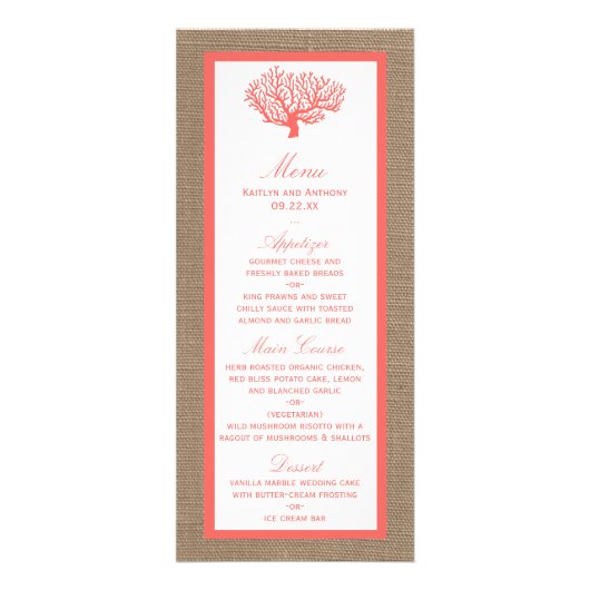 Corail Sur Burlap Boho Beach Wedding Menu (Devant)