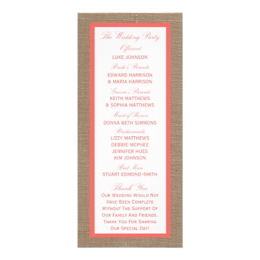 Corail Sur Burlap Boho Beach Wedding Programme (Dos)