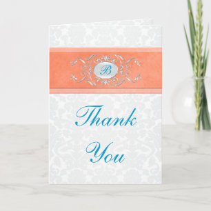 Corail, turquoise et gris Damas Carte de remerciem