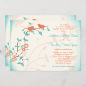 Corail turquoise Oiseaux Feuille Faire-part de mar (Devant / Derrière)