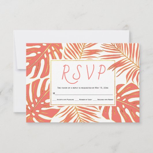 Corail vivant tropical et mariage feuille or RSVP (Devant)