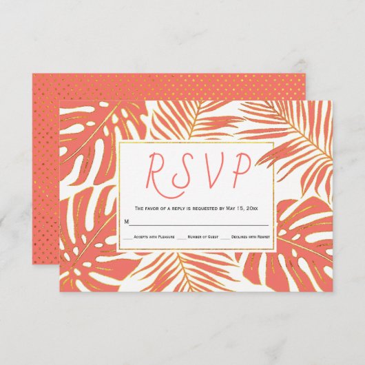 Corail vivant tropical et mariage feuille or RSVP (Devant / Derrière)