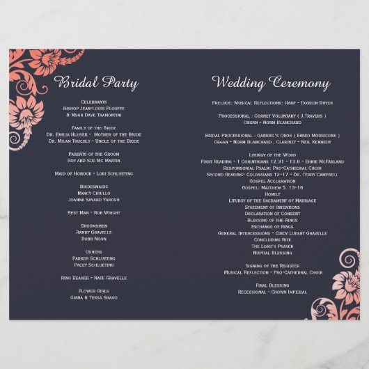 Coral and Blue Blooming Elegance Wedding Programs (Achterkant)