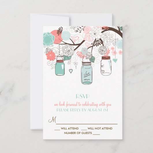 Coral and Blue Mason Jars Floral RSVP Card (Voorkant)