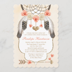 Coral and Gold Dreamweaver Boho Baby Girl Shower Kaart
