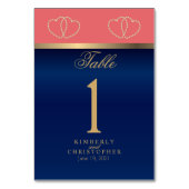 Coral and Navy, Gold Hearts Table Number Kaart (Achterkant)