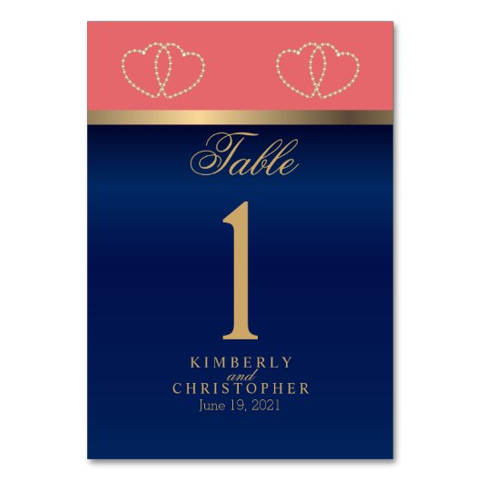 Coral and Navy, Gold Hearts Table Number Kaart (Voorkant)