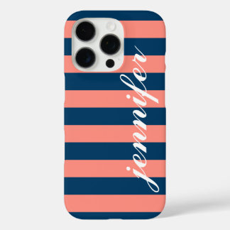 Coral and Navy Stripes - Aangepaste naam van het m iPhone 16 Pro Hoesje