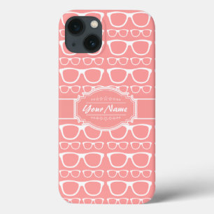 Coral and White Geek Glasses Persoonlijke naam iPhone 13 Hoesje