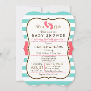 Coral, Aqua en White Stripes Baby shower Kaart