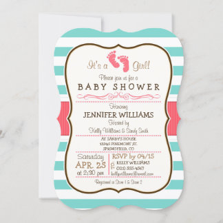 Coral, Aqua en White Stripes Baby shower Kaart