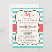 Coral, Aqua en White Stripes Baby shower Uitnodiging Briefkaart (Voorkant / Achterkant)