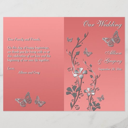 Coral Argent Gris Papillon Floral Programme de mar (Devant)