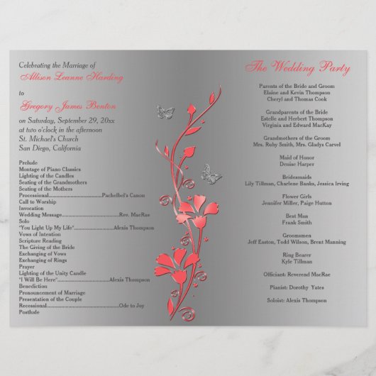 Coral Argent Papillon Floral Wedding Programme 2 (Dos)