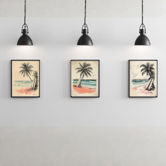 Coral Bay Dreamscape – Vintage Tropical Beach  Muurkunst Sets