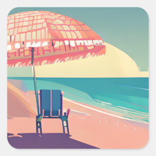 Coral Beach Chair, paraplu, Blauwgroen strand Vierkante Sticker