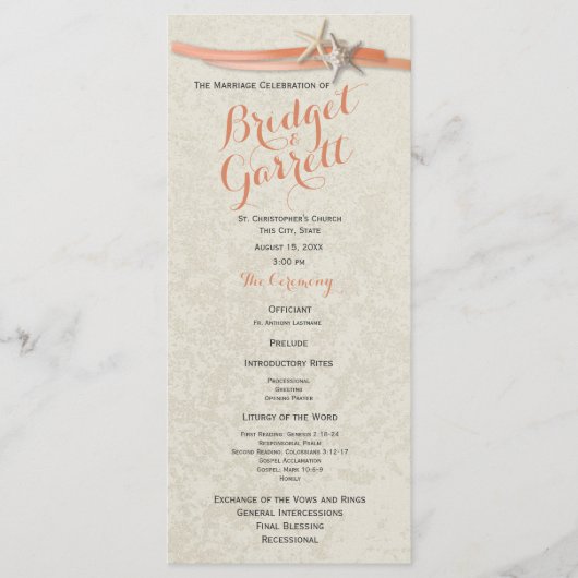 Coral Beach Starfish & Ribbon Wedding Program Programma (Voorkant)