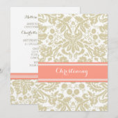 Coral Beige Damask Christening Invitation (Devant / Derrière)