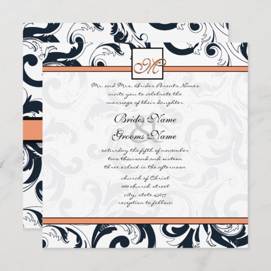Coral & Black Damask Swirls Wedding Kaart (Voorkant / Achterkant)