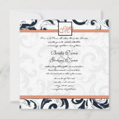 Coral & Black Damask Swirls Wedding Kaart (Voorkant)