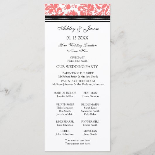 Coral Black Damask Wedding Program Programma (Achterkant)