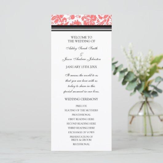 Coral Black Damask Wedding Program Programma (Staand voorkant)