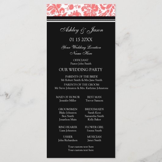 Coral Black Damask Wedding Program Programma (Achterkant)
