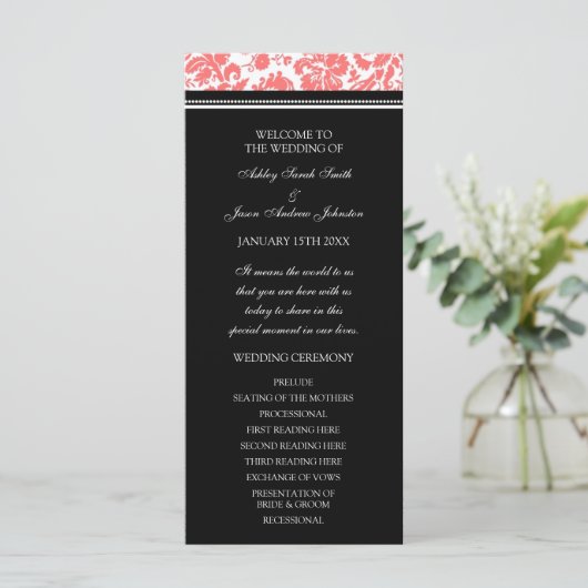 Coral Black Damask Wedding Program Programma (Staand voorkant)