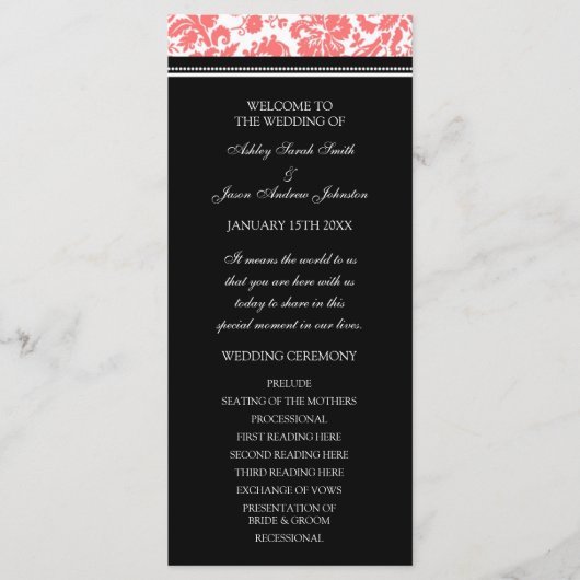 Coral Black Damask Wedding Program Programma (Voorkant)