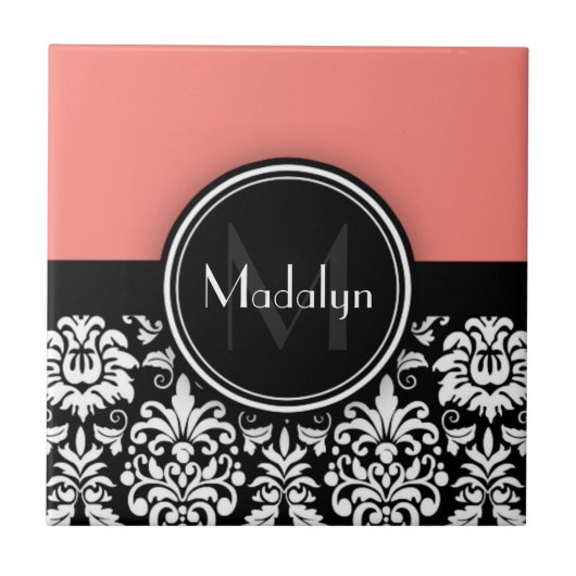 Coral Black White Damask Monogram Letter Tegeltje (Voorkant)