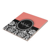 Coral Black White Damask Monogram Letter Tegeltje (Zijkant)
