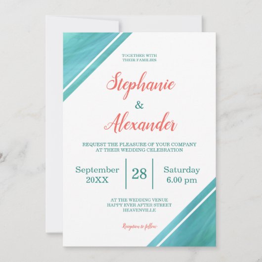 Coral Blauwgroen Script Wedding Kaart (Voorkant)