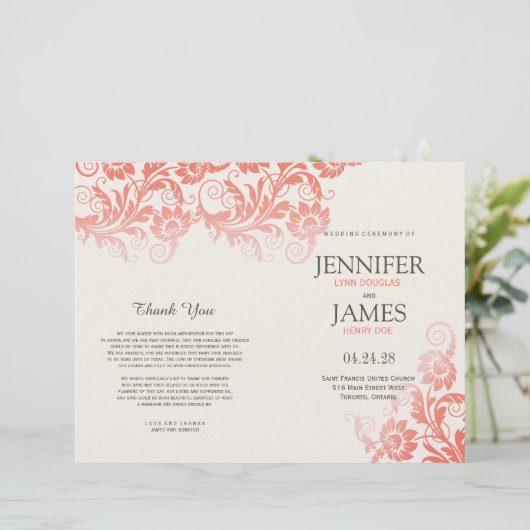 Coral Blooming Elegance Wedding Programs (Staand voorkant)