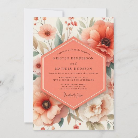 Coral Blossom Romance Wedding Kaart (Voorkant)