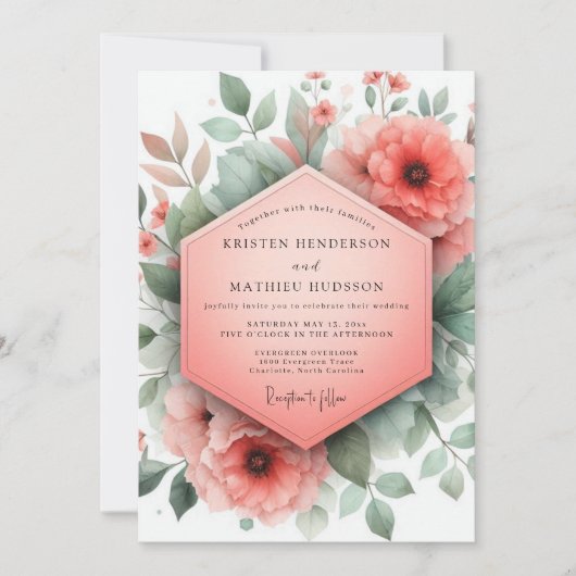 Coral Blossom Whimsical Wedding Kaart (Voorkant)