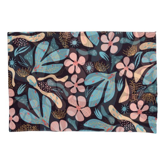 Coral Blue Bloemen Donkere Print Kussensloop (Voorkant)