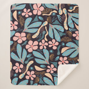 Coral Blue Bloemen Donkere Print Sherpa Deken