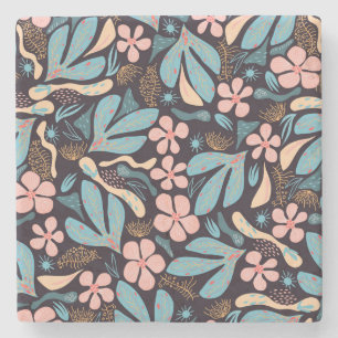 Coral Blue Bloemen Donkere Print Stenen Onderzetter